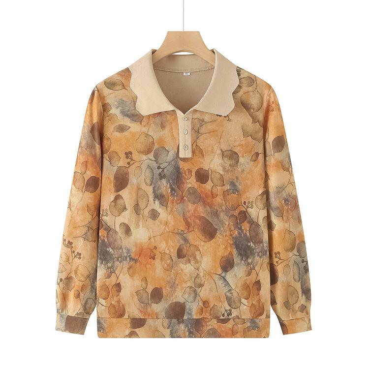 Mom's Spring and Autumn Long-sleeved Knitted Shirt New Style Middle-aged and Elderly Women's Lapel Printed Top Fashionable Base Shirt