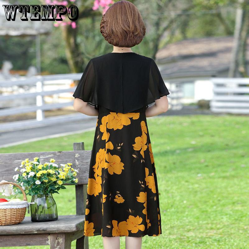 Women Splicing Fake Two Pieces Chiffon A-line Dress Printed Waist Large Hem Dresses