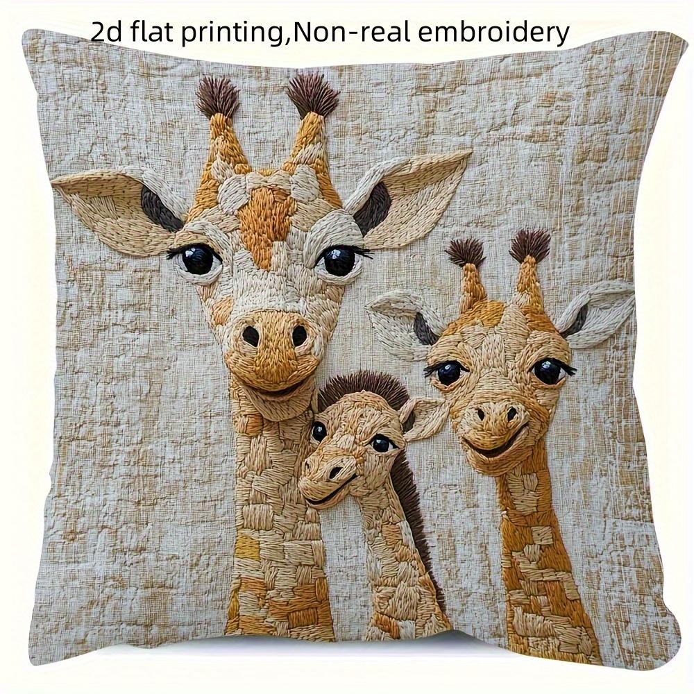 Cute Giraffe Family Pillow Cover 2D Faux Embroidery Print Whimsical Safari Animal Cushion Case For Sofa Bed Couch Cozy Kids Home