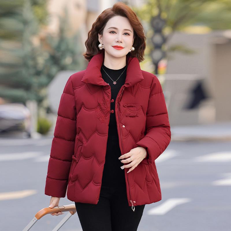 Women's Winter Cotton Jacket for Ages 40-60: Stand Collar, Short Style, Thickened for Warmth