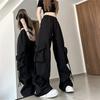 Pantaloni Cargo Americani da Donna di Nuovo Design con Nastro e Tascone Grande, Vita Alta, Gamba Dritta Larga