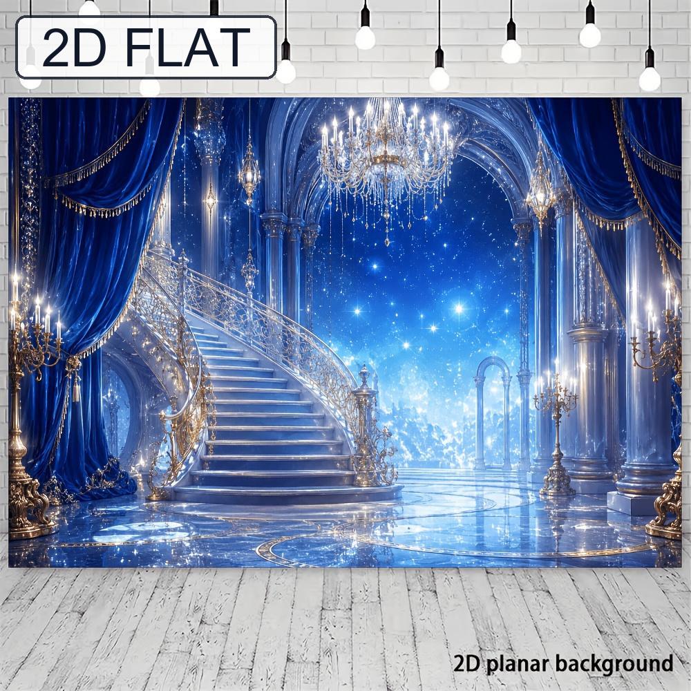 2D Flat Banner, Luxury Palace Backdrop, Crystal Chandelier, Spiral Staircase, Dreamy Blue Drapes