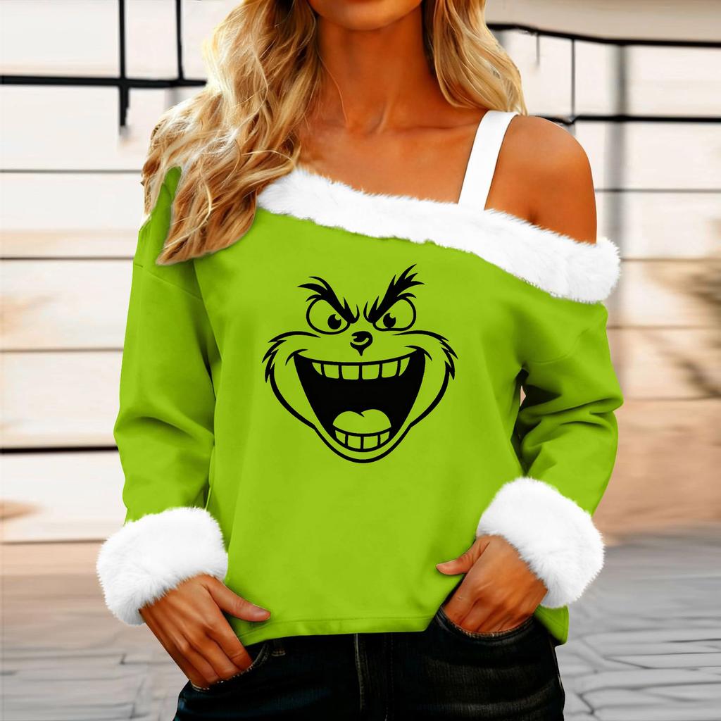 Women's Casual Fashion Sexy Off-Shoulder Collar Christmas Pattern Long Sleeve Crewneck T-Shirt Top