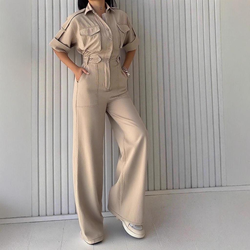 Women's Fashion Jumpsuit: New Loose-Fit, Waist-Slimming Wide-Leg Pants with Lapel Workwear Design.
