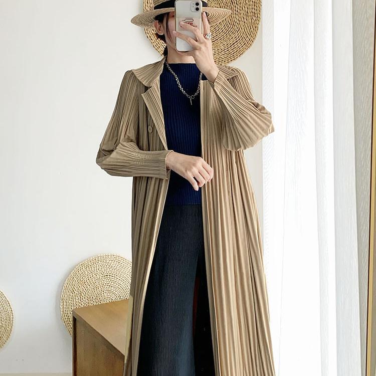 Women Pleated Trench Coat Long Loose Double Breasted Spring Autumn Fashion Versatile Pure Color Outerwear