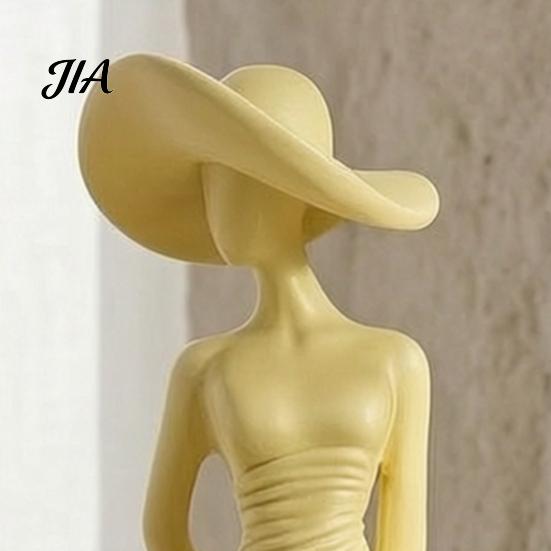 Creative Tabletop Ornaments Woman Statue, Resin Art Sculpture for Living Room Mantel Shelf Decor, Modern Female Home Figurine, Wide Brim Hat