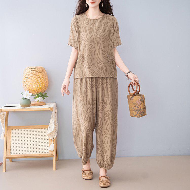 

2026 Summer Chic Loose Short Sleeve Two-Piece Suit - Chinese National Style for Women 2XL (recommended 52.5-60 kg)