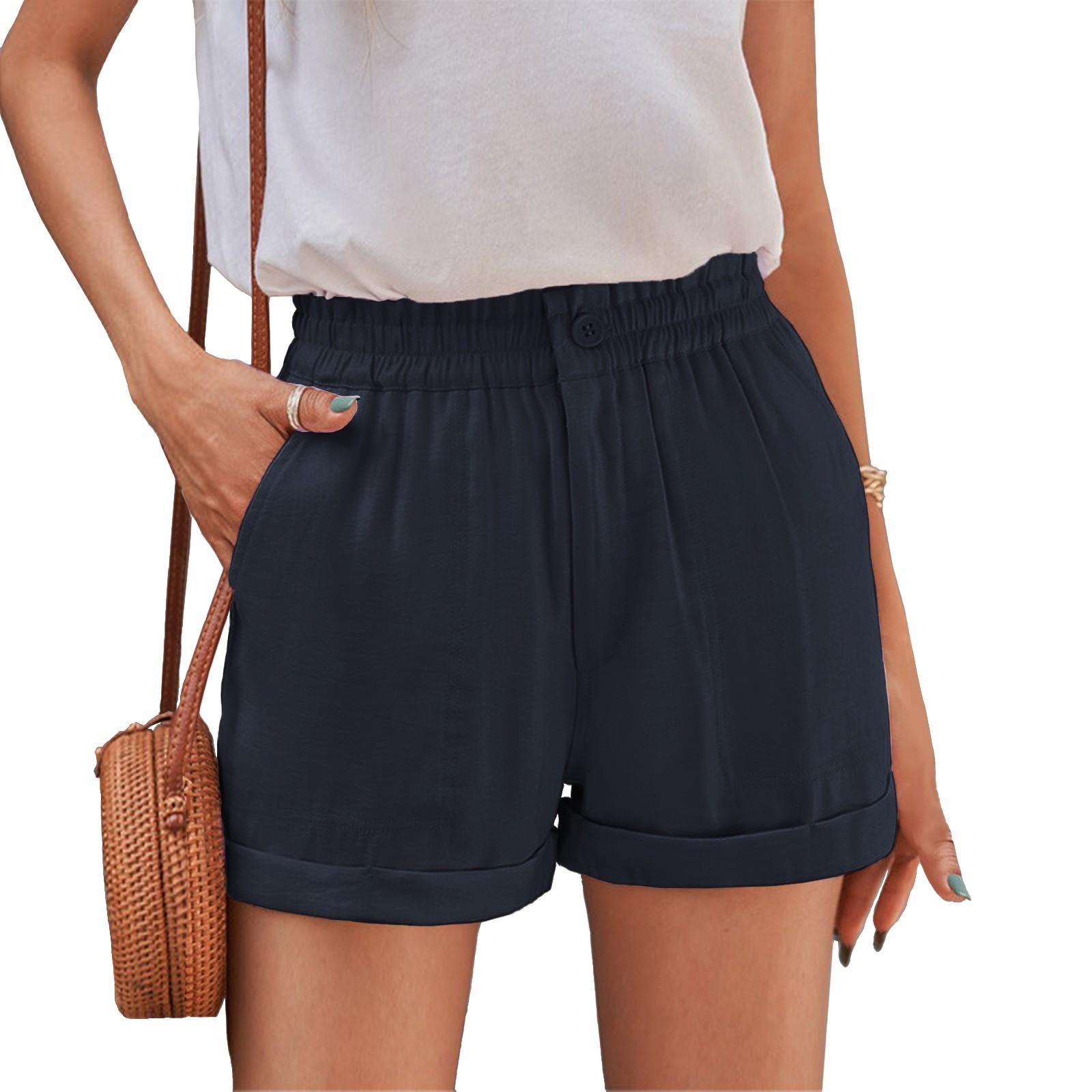 

Женские шорты с талией, повседневные летние шорты с оборками и эластичным поясом с карманами XXL темно-синий
