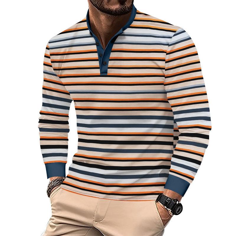 Spring Autumn Men's Striped Polo Shirts Long Sleeve Casual O-Neck Loose Tees Tops