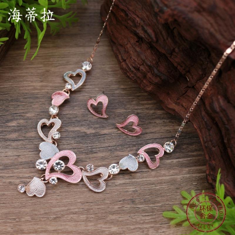 New enamel color hollow love stud earrings necklace set women's fashion high sense heart necklace