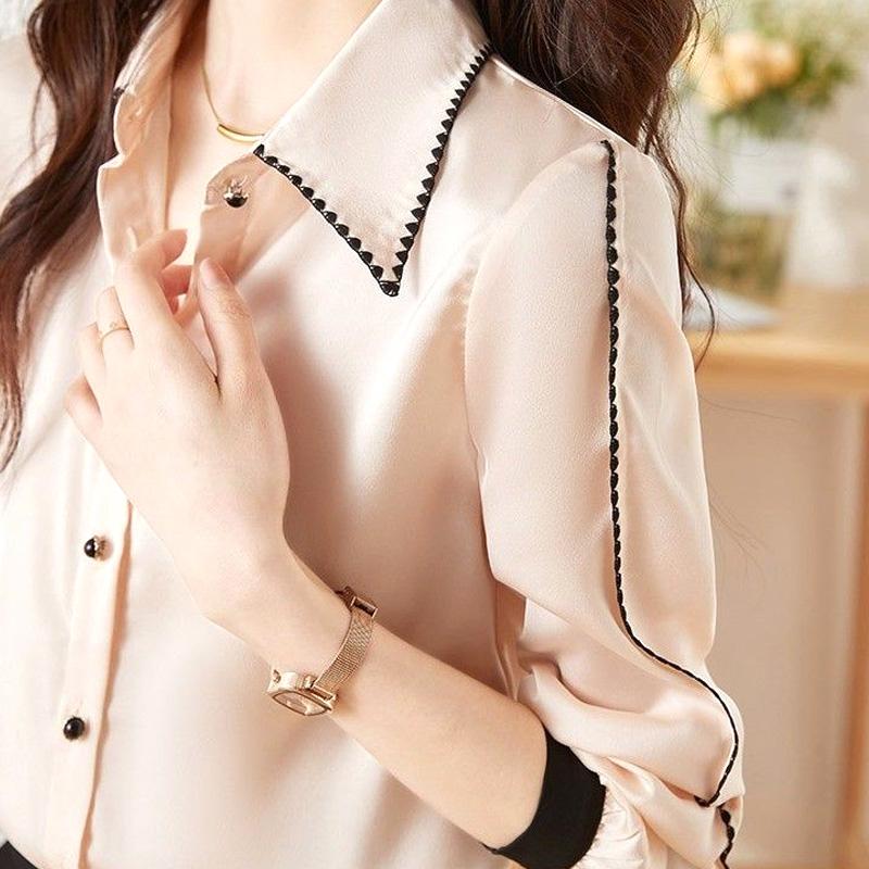 Blouses Premium Autumn Winter Straight Korean Thin Striped Button Women's Clothing Turn-down Collar Temperament Dignified