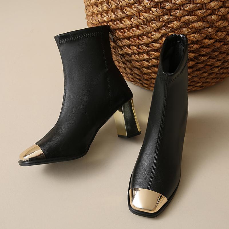 Ankle Boots Women Winter Shoes Leather Square Toe Elegant High Heels Shoes 2025 Trend Winter Chunky Pumps Goth Botas De Mujer