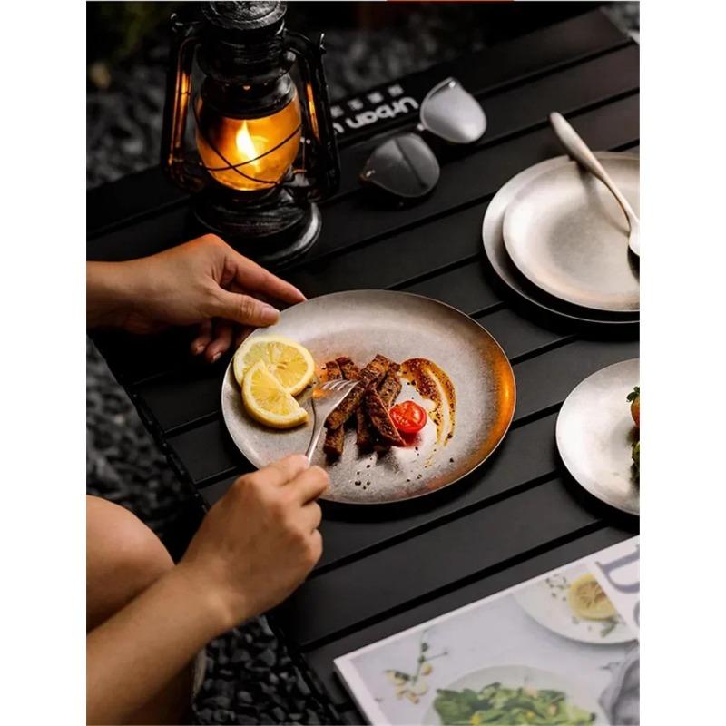 304 Round Vintage Dessert Plate Creative Steak Pasta Plate Stainless Steel Dining Cake Tray Shallow Plates Set Japanese Dishes