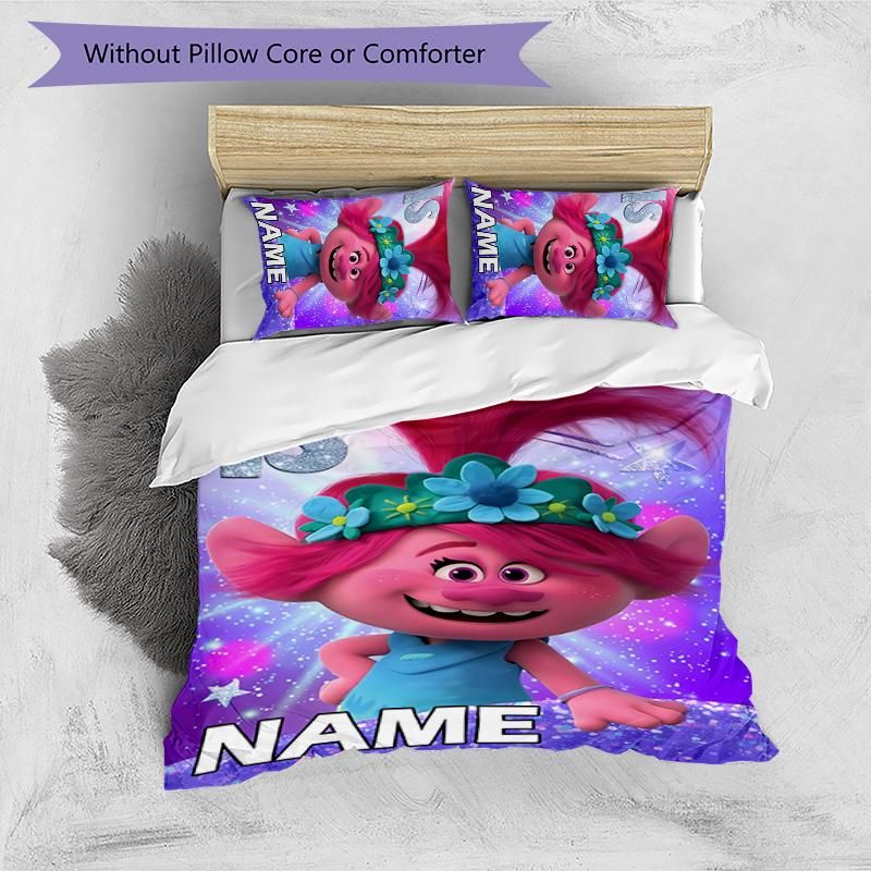3pcs Trolls3 Cover Set - Personalized Name, HD Printed Bedding with 1 Cover and 2 Pillowcases - Perfect for Home Decor, Easy Care