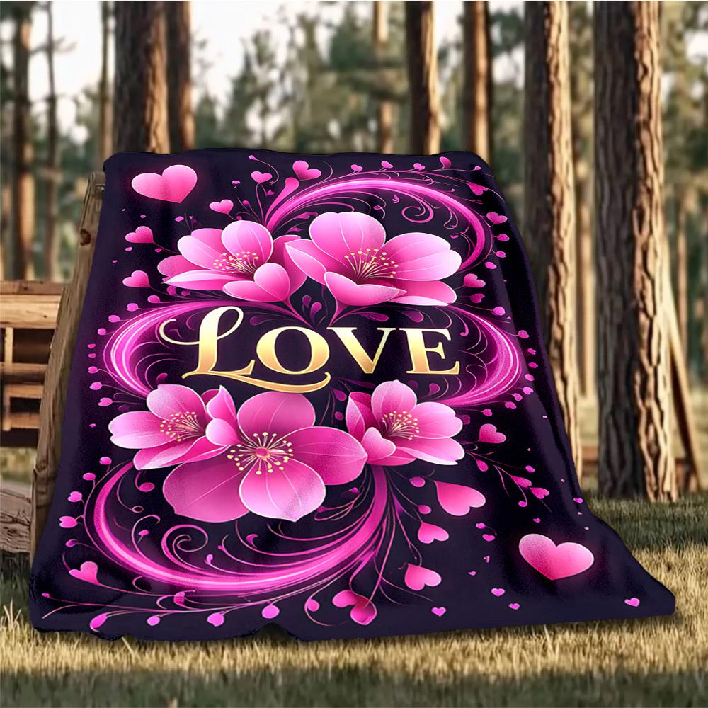 1pc Floral Love Decor Outdoor Flannel Blanket Soft All Season Polyester Throw , Perfect for Picnics & Travel , Picnic Accessory