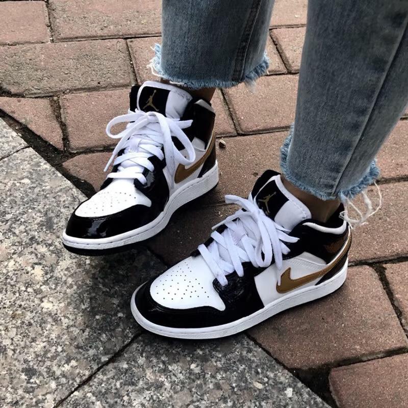 New Jordan 1 Mid Patent Black White Gold GS BQ6931-007
