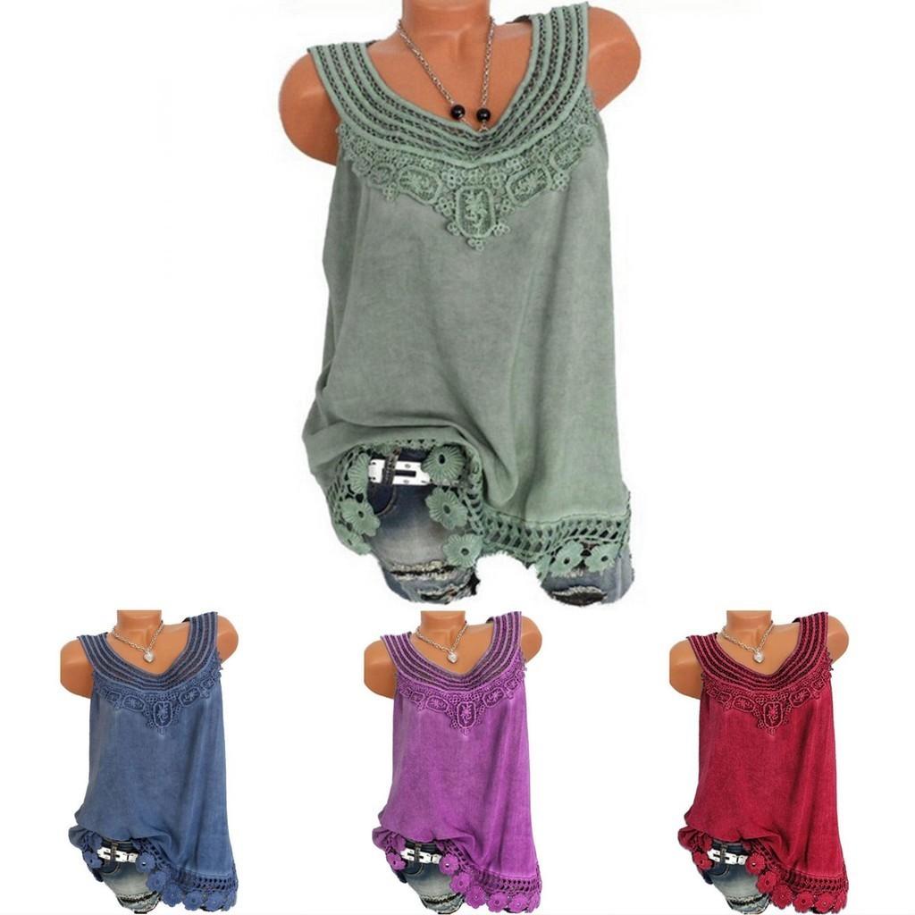 Women's Loose Sleeveless Vest T-shirt Blouse With Elegant Boho Lace Design In Plus Sizes