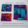 Set 3 piese cu culori vibrante și model geometric pentru husă de plapumă - Lenjerie de pat moale, respirabilă, cu imprimare HD, cu 1 husă de plapumă și 2 fețe de pernă