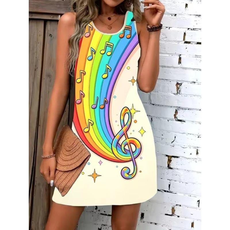 Women's Cartoon Girl Notes Printed Sleeveless Round Neck Dress Loose Soft and Comfortable Plus Size Dress
