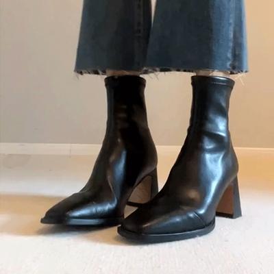 Cowhide Version~ Black French High-heeled Thin Boots Women's Thick-heeled Elastic Boots Autumn and Winter Soft Leather Retro Square Head Short Boots