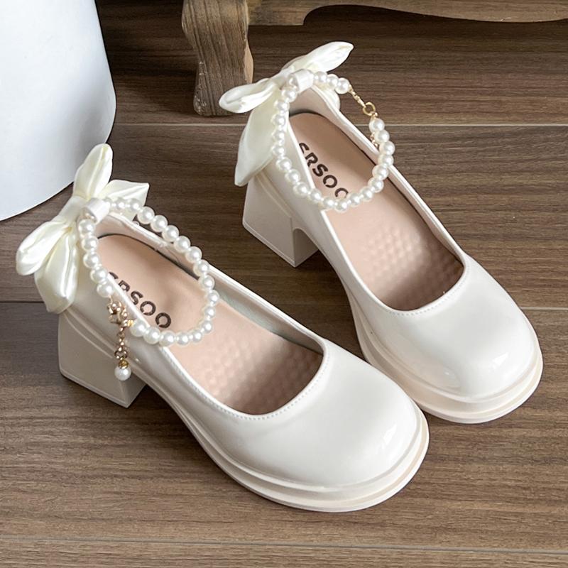 

Fashion Silk Bowknot Chunky Heel Pumps Women Patent Leather High Heeled Mary Jane Shoes Woman Elegant Pearls Chain Party Princess Shoes 40 бежевый