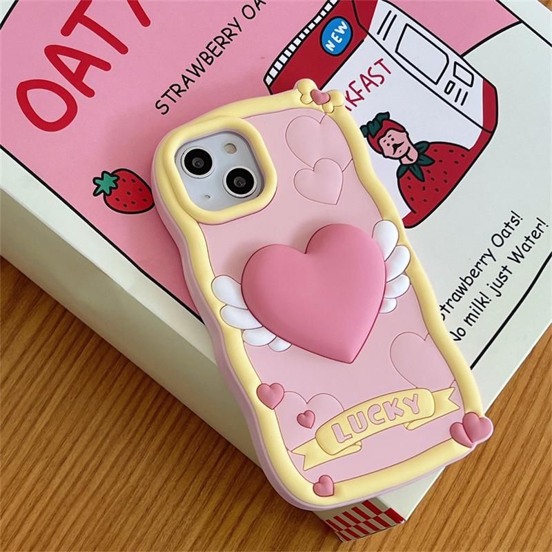 Bonita funda de silicona para teléfono con forma de corazón y alas de amor rosa en 3D para iPhone 14, 13, 12, 11 Pro Max, funda suave a prueba de golpes con ondas coreanas encantadoras