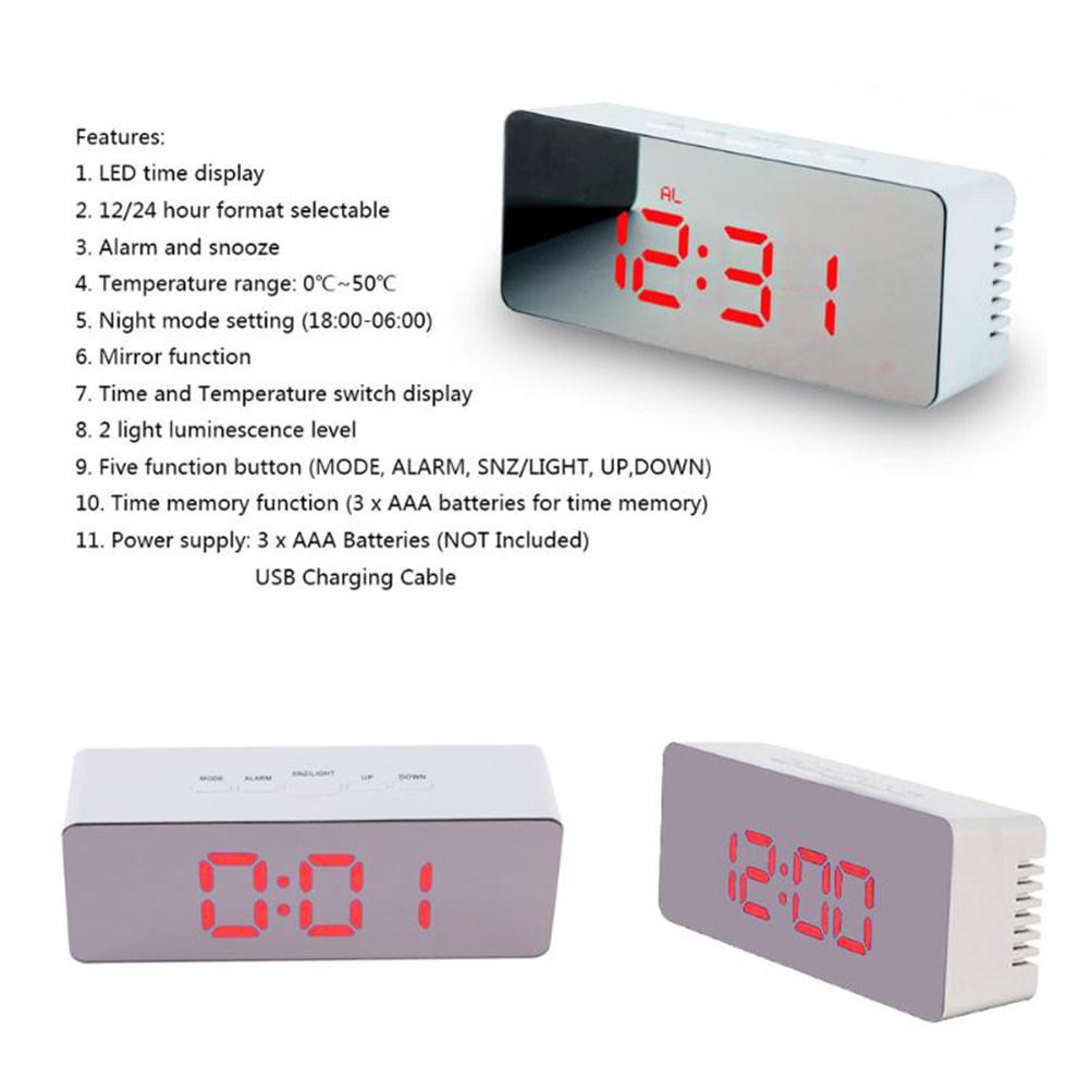LED Alarm Clock Multi-Function Mirror Digital Alarm Clock Large LED Display Red USB Buzzer Snooze Temperature