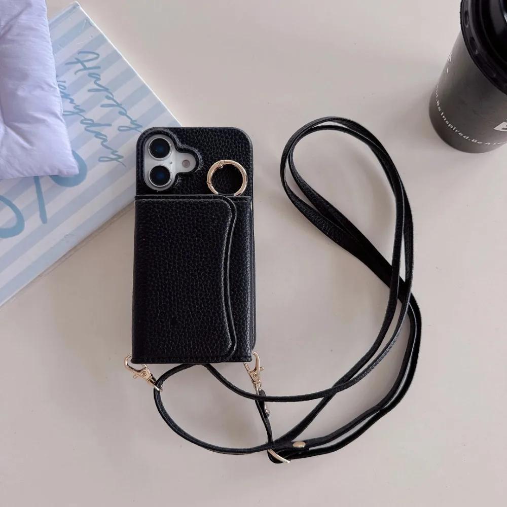 

Чехол для телефона с кошельком, слотом для карт, кольцом и ремешком через плечо из ПУ кожи, противоударный для IPhone 16E 16 15 14 Pro 13 12 Mini 11ProMax iPhone 16 чёрный