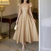 ZANZEA Women Elegant Square Collar Casual Short Sleeve Long Dress