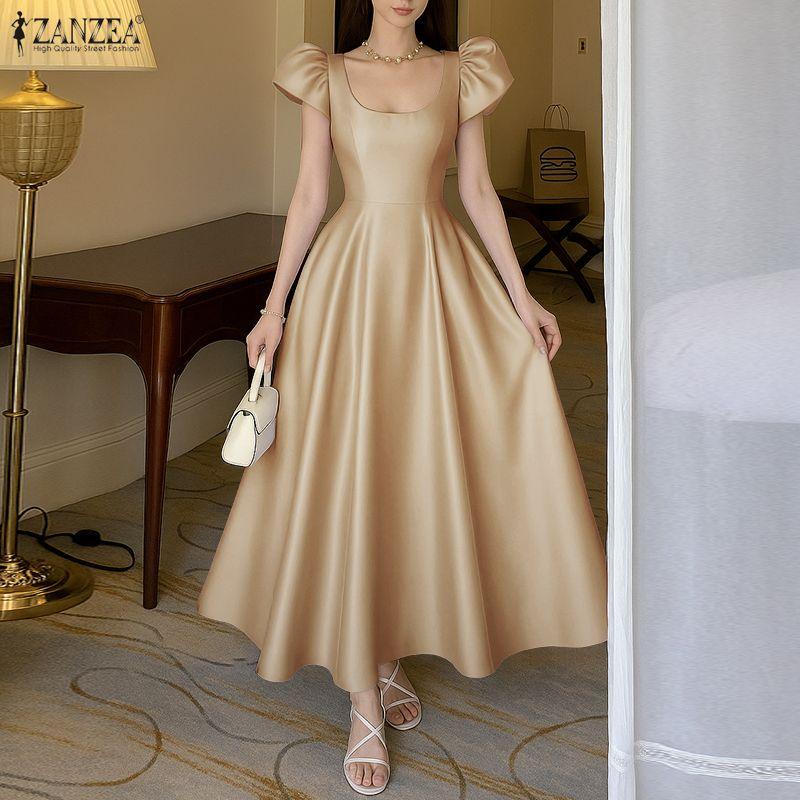 ZANZEA Women Elegant Square Collar Casual Short Sleeve Long Dress