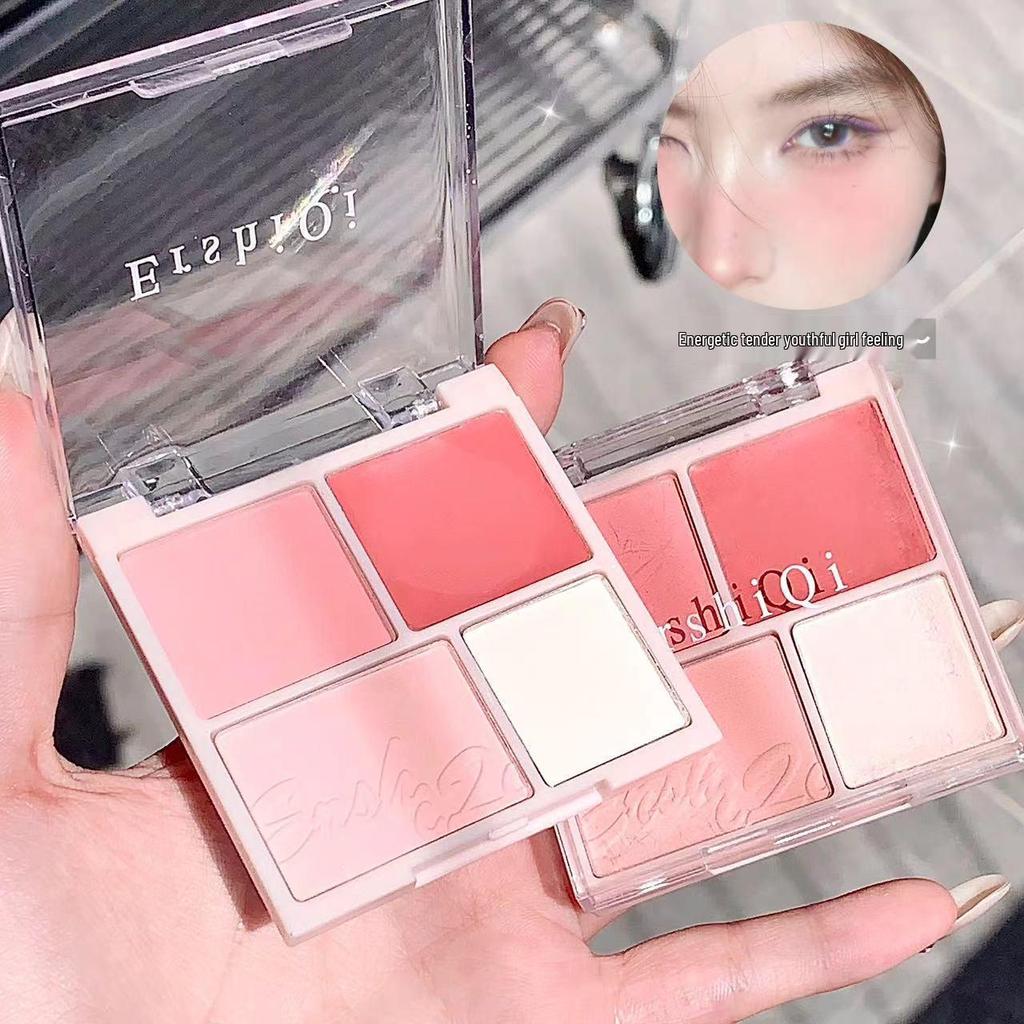Peach Pink Four-Color Blush & Contour Palette: Natural Matte, Fine Powder, Brightening, Affordable for Students.