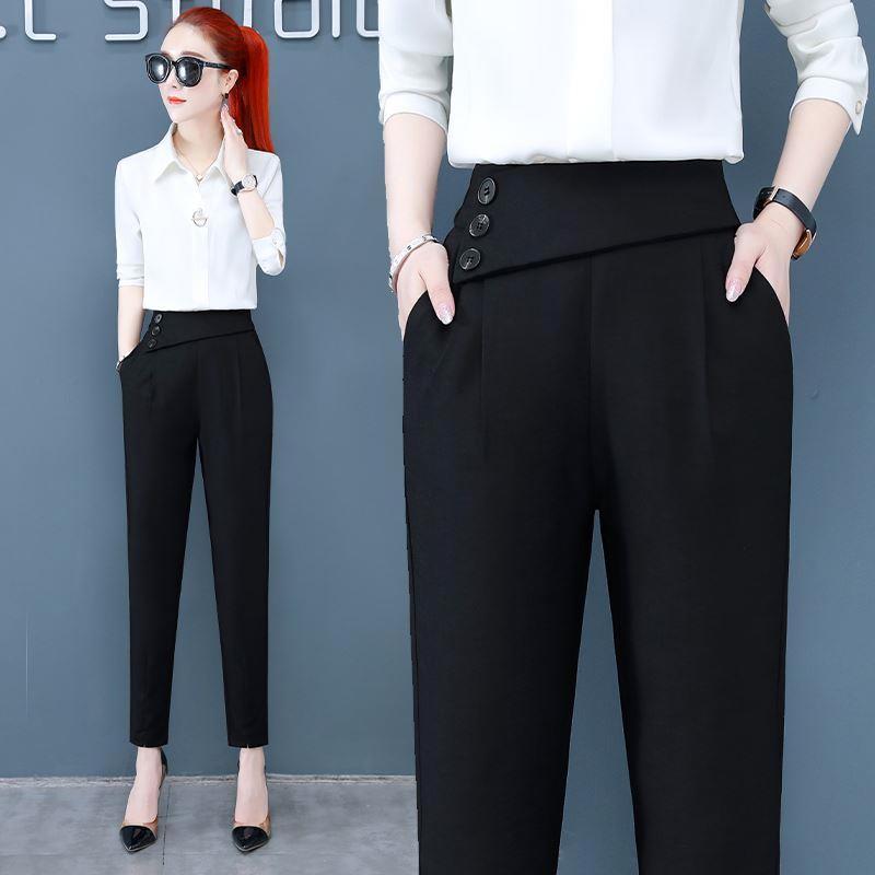 

2023 Узкие женские шаровары с высокой талией — универсальный стиль на осень и весну L чёрный