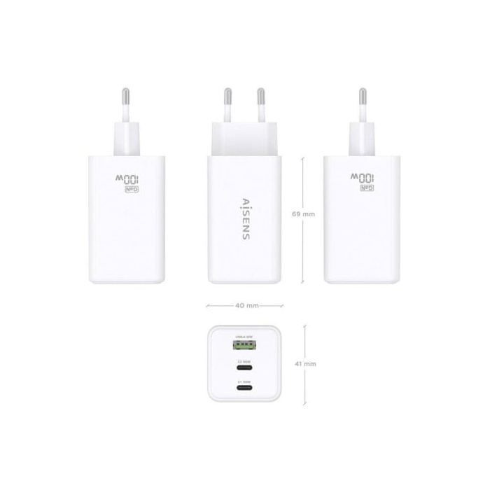 Cargador GaN AISENS ASCH-100W3P051-W 100W 2x USB-C PD/QC 1x USB-A QC Blanco