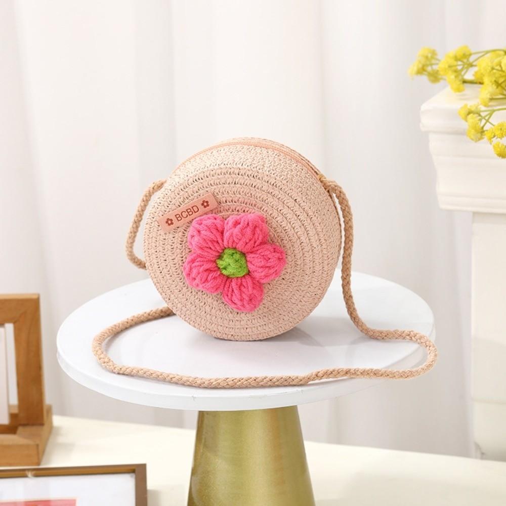 Cute Handmade Straw Bag Flower Shape Woven Shoulder Bag Summer Beach Bag for Children Girls