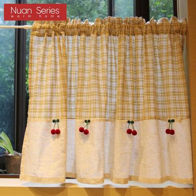 1PC Nuan Series Beige Checkered Cherry Decoration Short Curtain Rod Pocket Partition Curtain for Kitchen Living Room Bedroom Cupboard Home Decor