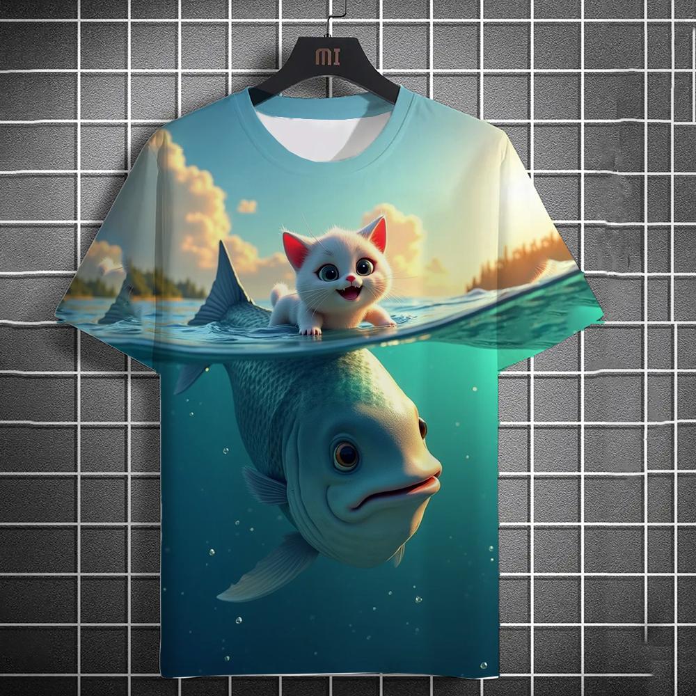 Camiseta Masculina Estampada 3D Praia Gato Pescando Camiseta de Manga Curta Estampada Diária Casual Gola Redonda Poliéster
