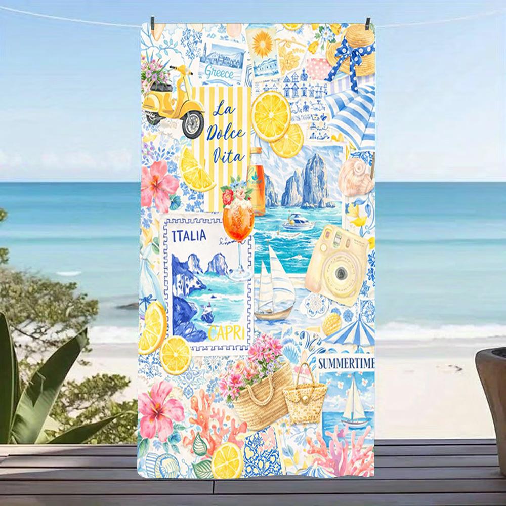 Mediterranean Capri Lemon Scooter Print Beach Towel,soft sand-block fabric for seaside picnic,road trips,backyard lounge 50x100cm