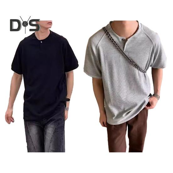 Men Shirt Round Neck Buttons Half Placket Short Sleeve Loose Fit Tops Waffle Texture Casual Tee Shirt Home Gym Streetwear