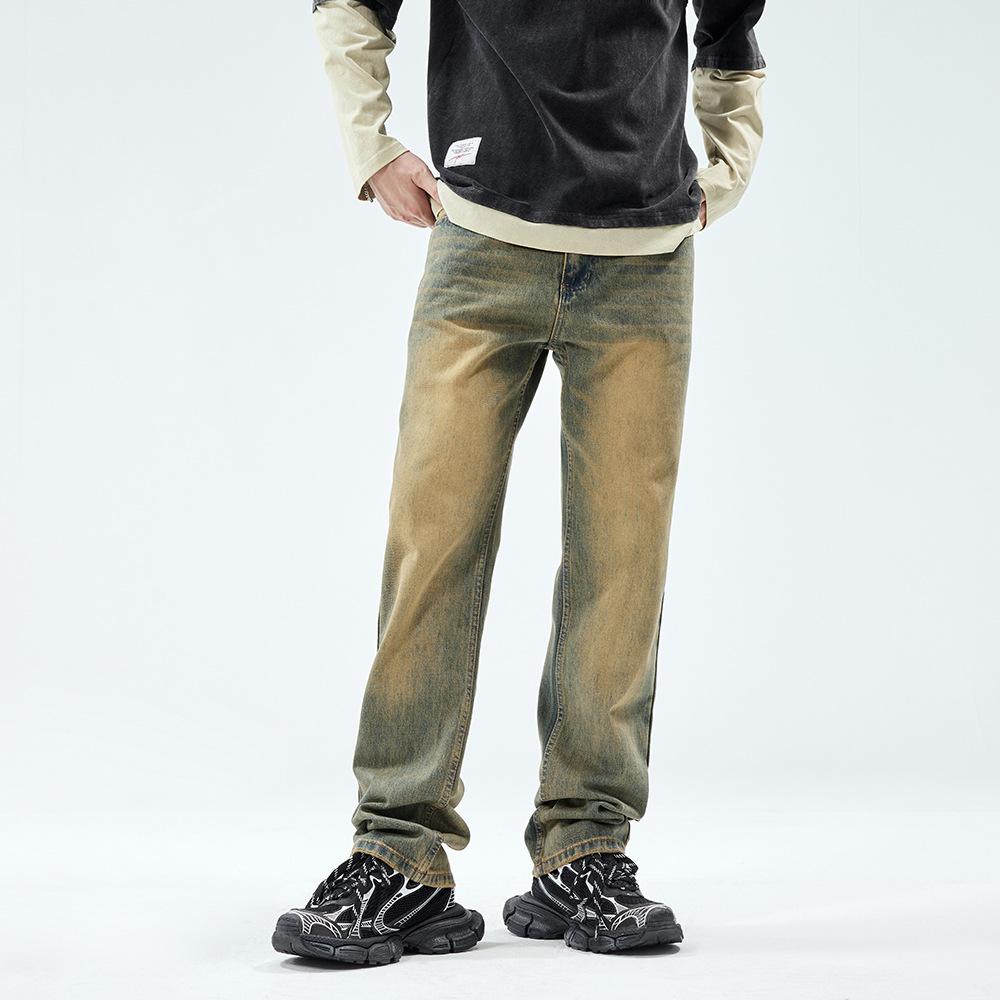 American Street Washed Yellowing Jeans Men's and Women's Yellow Mud Dyed Straight-leg Pants Trendy High Street Old Casual Trousers