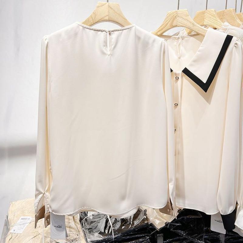Spring Autumn Polo-neck Patchwork Elegant Fashion Blouse Women Long Sleeve Casual Buttons Cardigan Shirt Top