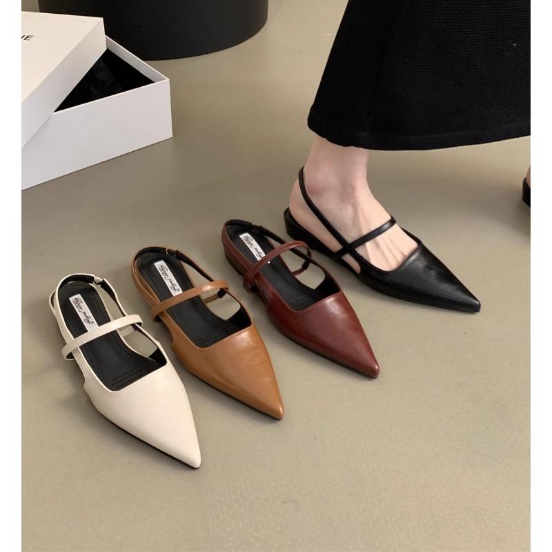 Women Leather Pu Casual Sandals Girl Fashion Mary Jane Shoes Slip On Flats Heels Ladies Pointed Toe Elegant Slingback Sandals