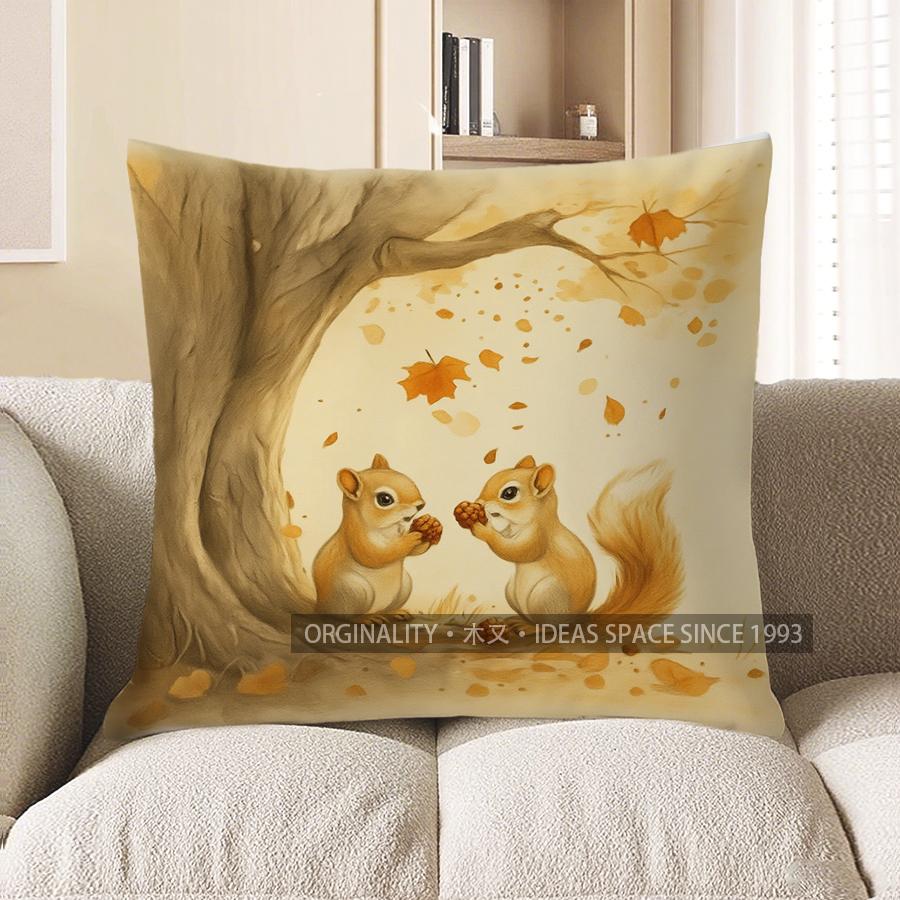 Home Decor Squirrel With Autumn Leaves Decorative Pillow Pattern Cushion Cover Suitable For Sofa Bedroom Car Pillow Cover