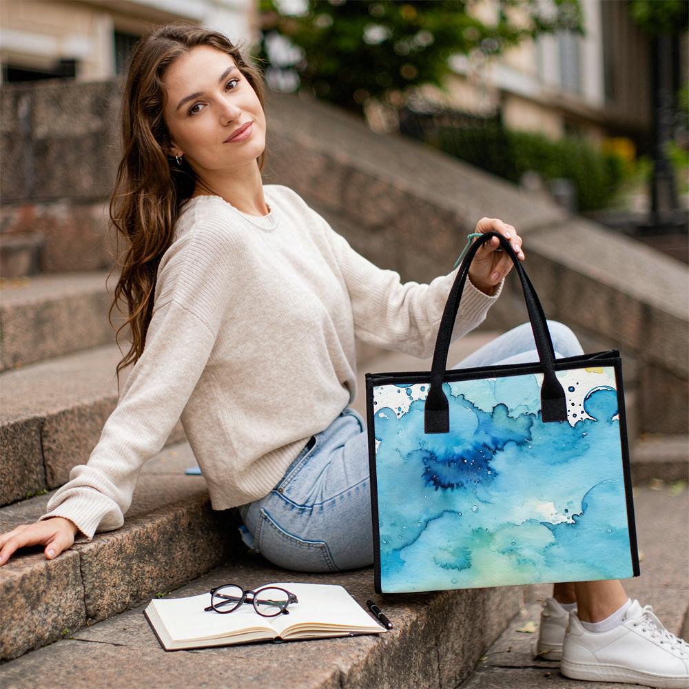 Watercolor Blue Shoulder Bag Fashion Casual Tote Bag Large Carry Bag for Daily Use