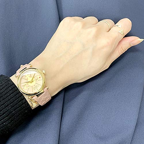 Vivienne Westwood Women's Leather Watch with Shopper Bag, Black, White, and Pink Orb Charm (VV006PKPK, Pink Shopper Bag Included) [Parallel Import]