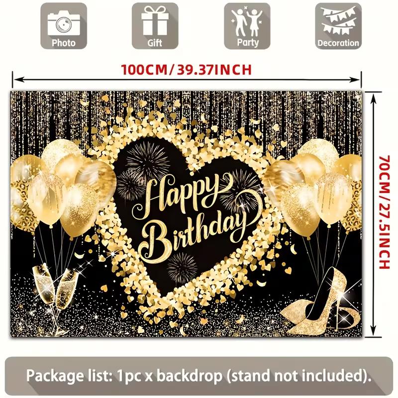 2D Black Gold Heart Happy Birthday Party Decoration Background Banner