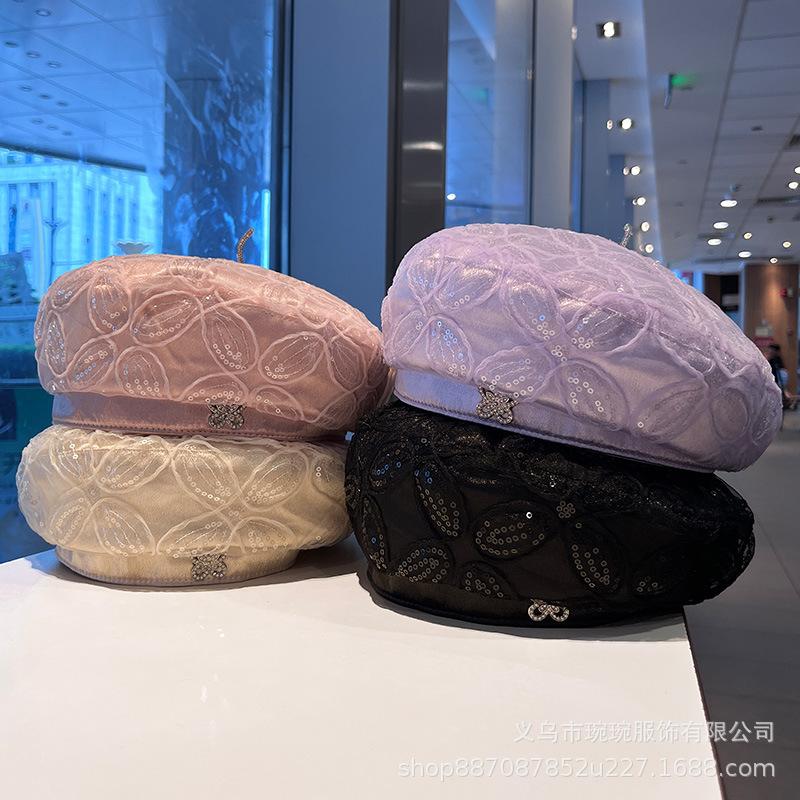 Beret children summer thin lace sequined bud hat breathable Internet celebrity fashion British painter hat