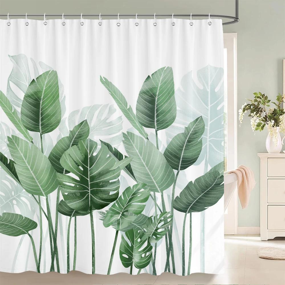 Green Plant Leaves Print Shower Curtains Watercolor Boho Floral Waterproof Morden Bathroom Bathtub Curtain Room Decor With Hooks