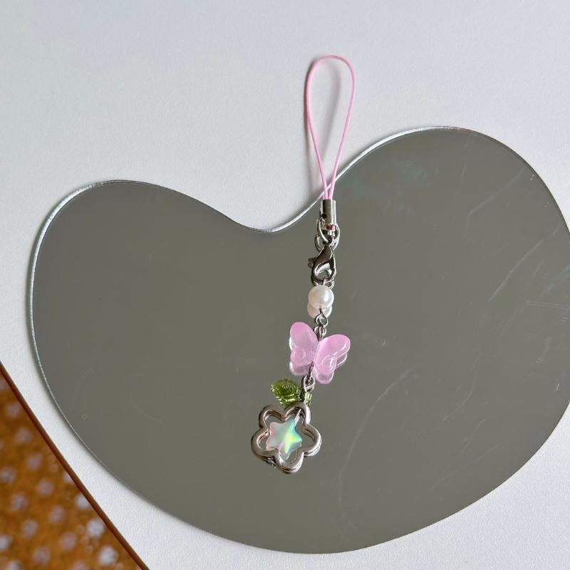 Ręcznie robiony łańcuszek do telefonu z koralików kwiat i motyl zawieszka do telefonu komórkowego kolorowy brelok wisiorek dodatek do telefonu komórkowego