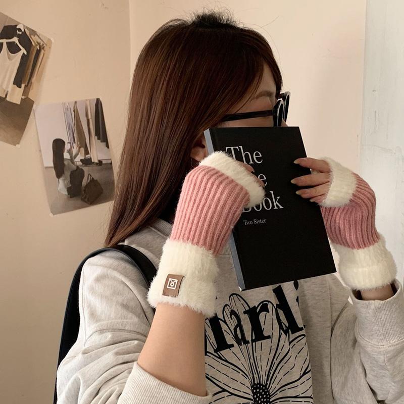 1Pair Fingerless Gloves Solid Color Plush Warm Knitted Soft Half-Finger Flexible Cold-proof
