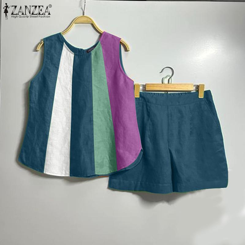ZANZEA Women Summer Round Neck Sleeveless Vest Pocket Shorts Sets